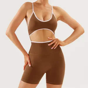 Women brown contrast trim sports yoga set high waist fitness activewear crop top and shorts