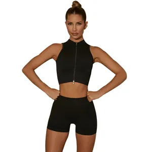 Γυναικείο Αθλητικό Σετ Γιόγκα Μαύρο Crop Top με Φερμουάρ και Σορτς Γυμναστικής
