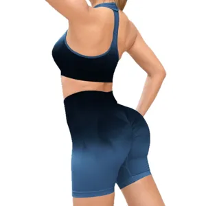 Gradient yoga set for women, racerback sports bra and high waist fitness shorts main view.
