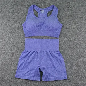 Ensemble de fitness sans coutures détail, soutien-gorge de sport et short violet pour yoga femme.