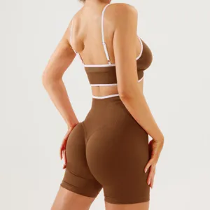 Brown colorblock activewear set for women, featuring backless sports bra and high waist yoga shorts.