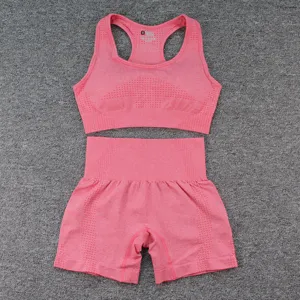 Détail de l'ensemble de sport fitness sans coutures côtelé avec haut à tricotage ajouré.