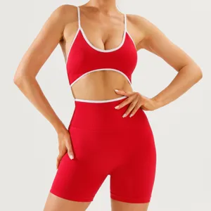 Details of the red and white contrasting sports yoga set showing backless cutout design.