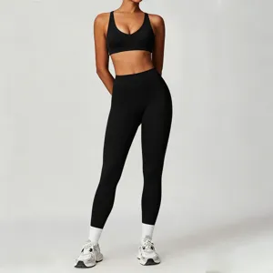 Schwarze Damen Yoga Leggings und Sport-BH Set, hochtailliert, Fitness Training Sportbekleidung.
