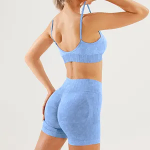 Conjunto de yoga sin costuras sujetador deportivo y pantalones cortos de cintura alta