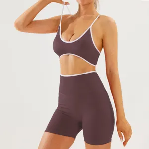 Colorblock ribbed yoga set featuring sports bra and high-waisted shorts for workout.