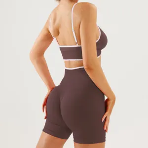 Women color block athletic yoga set backless sports bra and high waist fitness shorts activewear