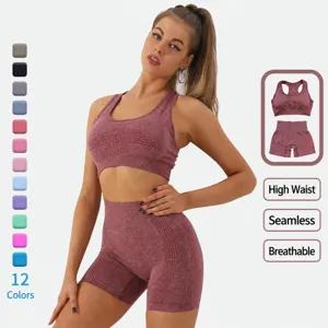 Ensemble Fitness Yoga Sans Coutures pour Femmes Débardeur Racerback Short Taille Haute Remonte-Fesses Sport Salle de Sport Vêtement Deux Pièces