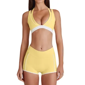 Dames contrastkleur halter sportbeha en yoga shorts fitness workout activewear set