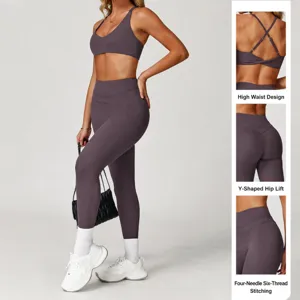 Nude feel sports yoga set for women high waist fitness leggings and supportive sports bra.