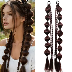 Long brown bubble braided wig extensions, cute twin ponytails synthetic hair piece for women.