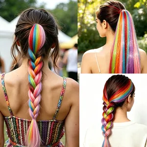 Extension de cheveux synthétique arc-en-ciel queue de cheval tresse pour fête festival