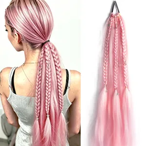 Detail view of the pink synthetic braided ponytail extension with metal star charms and elastic band.