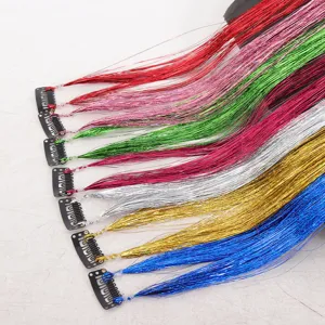 60cm clip-on hair tinsel extensions sparkling synthetic colorful hair strands for cosplay