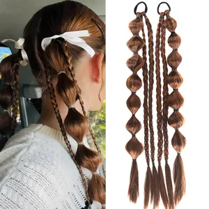 Synthetic long brown bubble braids hair extensions with white ribbon bows for women.