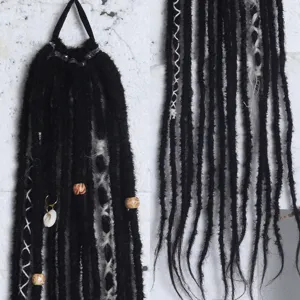 Detailed view of 60cm synthetic dreadlocks hair extension ponytail with bohemian bead and shell decor.