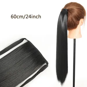 Peluca de cola de caballo larga y lisa sintética para mujer de 60cm negro detalle