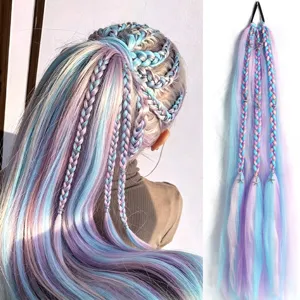 Synthetic braided ponytail extension with colorful hair strands and metal star accessories detail.