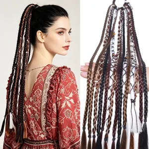 Synthetic braided ponytail extension detail view, 60cm colorful Bohemian wig hairpiece.