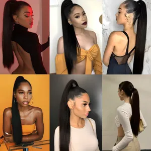 Close-up details of the long straight ponytail hair extension showing realistic texture.