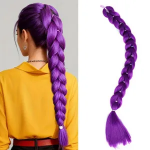 Detail view of the long purple synthetic braided hair ponytail extension, smooth and vibrant.