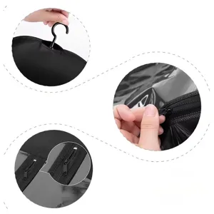 Close-up detail view of black non-woven wig dust cover with clear PVC window and smooth zipper.
