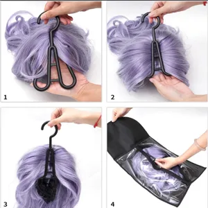 Detail view showing how to pack purple curly hair into the clear PVC dustproof storage bag.