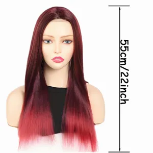 Long straight burgundy gradient synthetic wig for women, 22 inch high temperature fiber