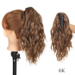 Synthetic curly hair ponytail extension with claw clip, natural brown wavy ponytail wig for women.