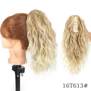 Synthetic curly claw ponytail extension detail view, blonde ombre color, easy to wear.
