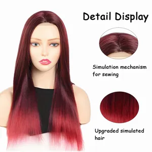 Burgundy gradient long straight synthetic wig detail display showing simulation scalp and hair.