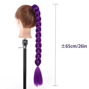 Purple braided ponytail hair extension detail view, long synthetic wig 65cm 26in length.