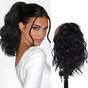 Black wavy ponytail wig detail view showing natural cloud perm curls and secure rubber band.