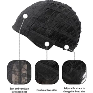 Detailed view of the breathable wig inner cap showing adjustable straps and side combs.