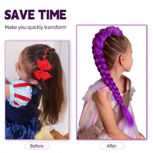 Purple 26 inch clip in braided hair extension for cosplay, long synthetic hair ponytail piece.