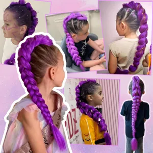 Purple synthetic hair extension braid ponytail for kids, vibrant cosplay long braided hair.