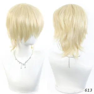 Korte blonde cosplay pruik gelaagd hittebestendig synthetisch haar voor anime feestje.
