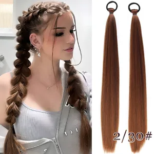Detailed view of brown synthetic straight hair extension ponytail with black elastic hair tie.