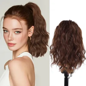 Brown wavy ponytail hair extension detail view, natural looking synthetic wig piece for women