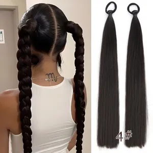 Detailed view of synthetic straight hair extension ponytail with elastic band in color 4#.