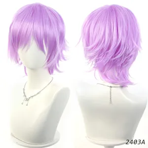 Korte lichtpaarse cosplay pruik voor heren gelaagd synthetisch haar hittebestendige kostuum pruik