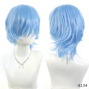 Lichtblauwe korte cosplay pruik voor heren dames synthetisch hittebestendig haar styling