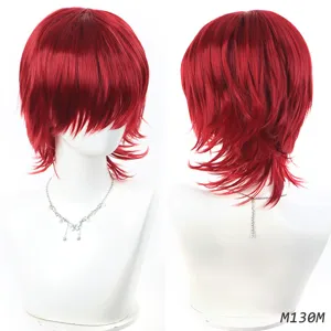 Rode korte gelaagde cosplay pruik voor heren, hittebestendig synthetisch haar model.
