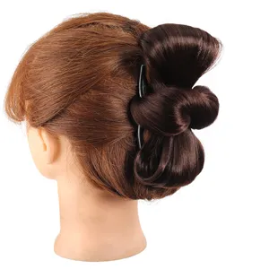 Synthetic hair bun claw clip bow hairpiece dark brown styling hair accessory for women.