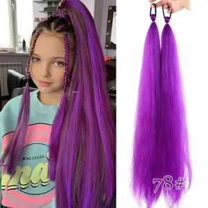Colorful braided hair extensions with ponytail ring, vibrant purple synthetic hair piece.