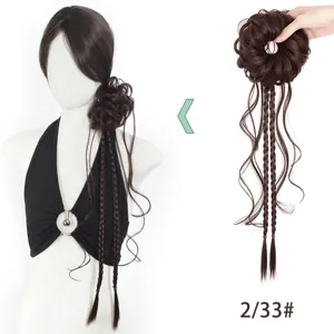 Synthetic wig ponytail with braided hair extensions, elegant side bun hairpiece for women.