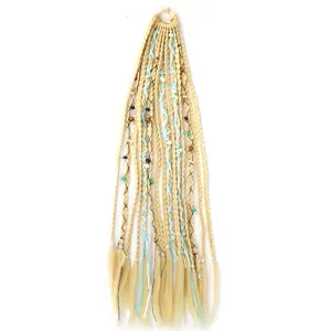 Close-up detail of 60cm synthetic blonde braided hair extension with bohemian blue cords and beads.