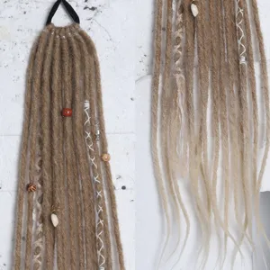 Detailed close-up of 60cm synthetic dreadlocks hair extensions with boho braided bead decor.