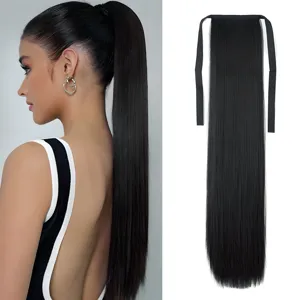 Larga coleta lisa negra con cinta 60cm extension de cabello sintetico para mujeres.