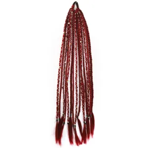 60cm synthetic braided ponytail extension, bohemian style dark red hair piece for daily wear.